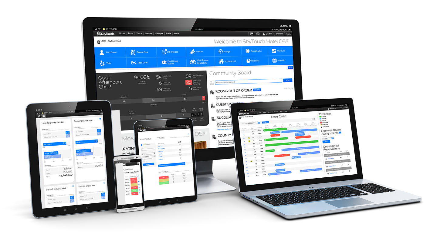desktop and mobile devices with SkyTouch Hotel OS system pulled up